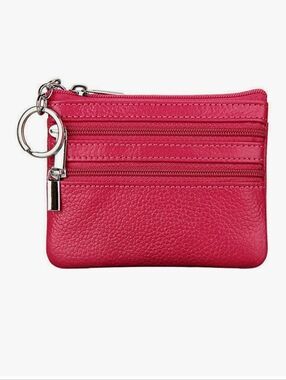 Rose/Dark Pink Genuine Leather Zip Coin Pouch Keyring